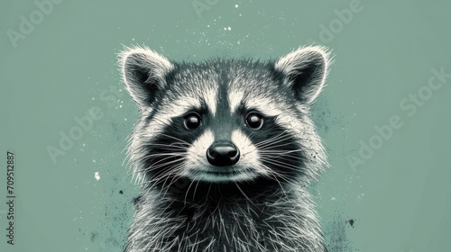  a close up of a raccoon's face on a green background with a black and white drawing of a raccoon.