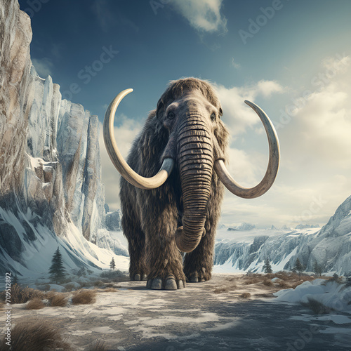 Woolly mammoth roaming the terrains of the ice age earth. Generative AI