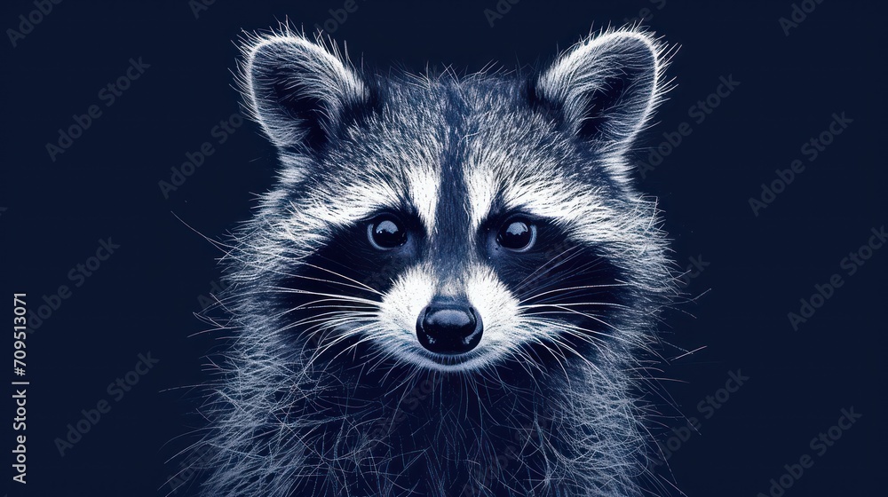 a close up of a raccoon's face on a black background with a blurry look on its face. a close up of a raccoon's face on a black background with a blurry look on its face.