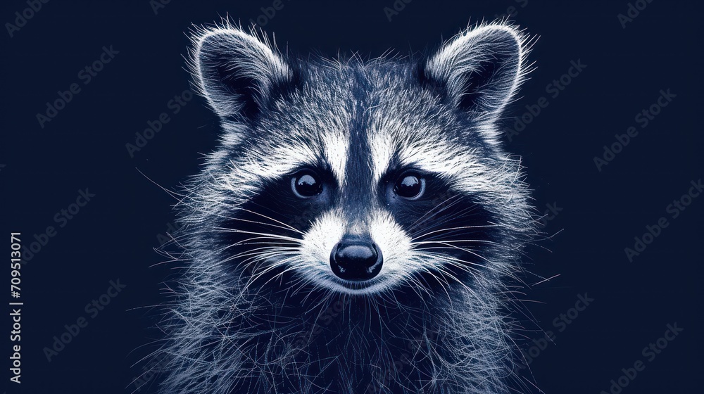  a close up of a raccoon's face on a black background with a blurry look on its face.