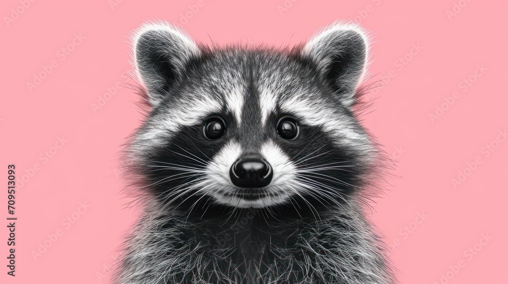 a close up of a raccoon's face on a pink background with a black and white frame. a close up of a raccoon's face on a pink background with a black and white frame.