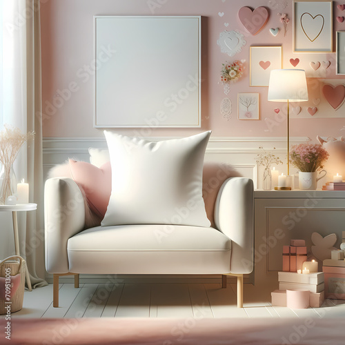 A white pillow mockup placed on a cozy sofa in a room with a pastel Valentine theme, Product mockup, minimalistic, sofa