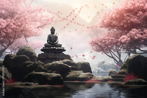 Zen meditation landscape with a Japan spring look