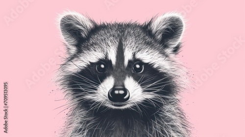  a close up of a raccoon's face on a pink background with a black and white image of a raccoon.