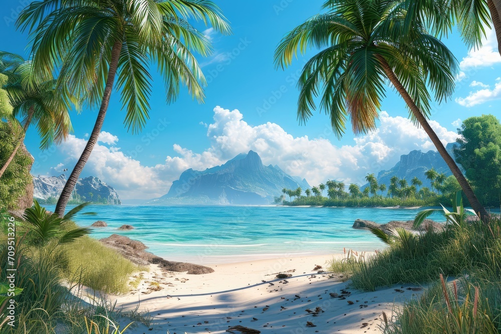 distance there are more green palm trees and a mountainous landscape under a bright blue sky with fluffy white clouds