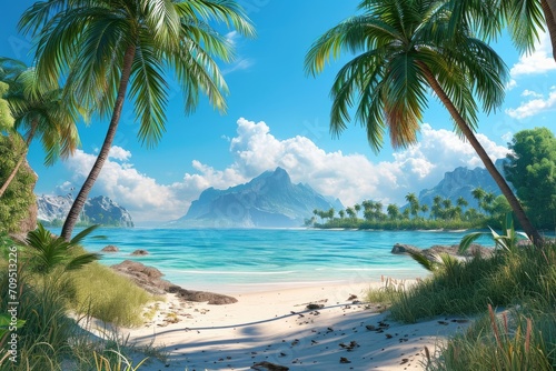 distance there are more green palm trees and a mountainous landscape under a bright blue sky with fluffy white clouds