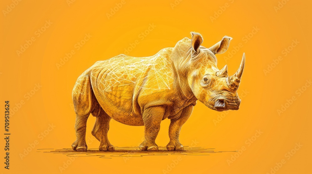  a rhinoceros standing on a yellow background with a pattern on the rhinoceros'back and neck.