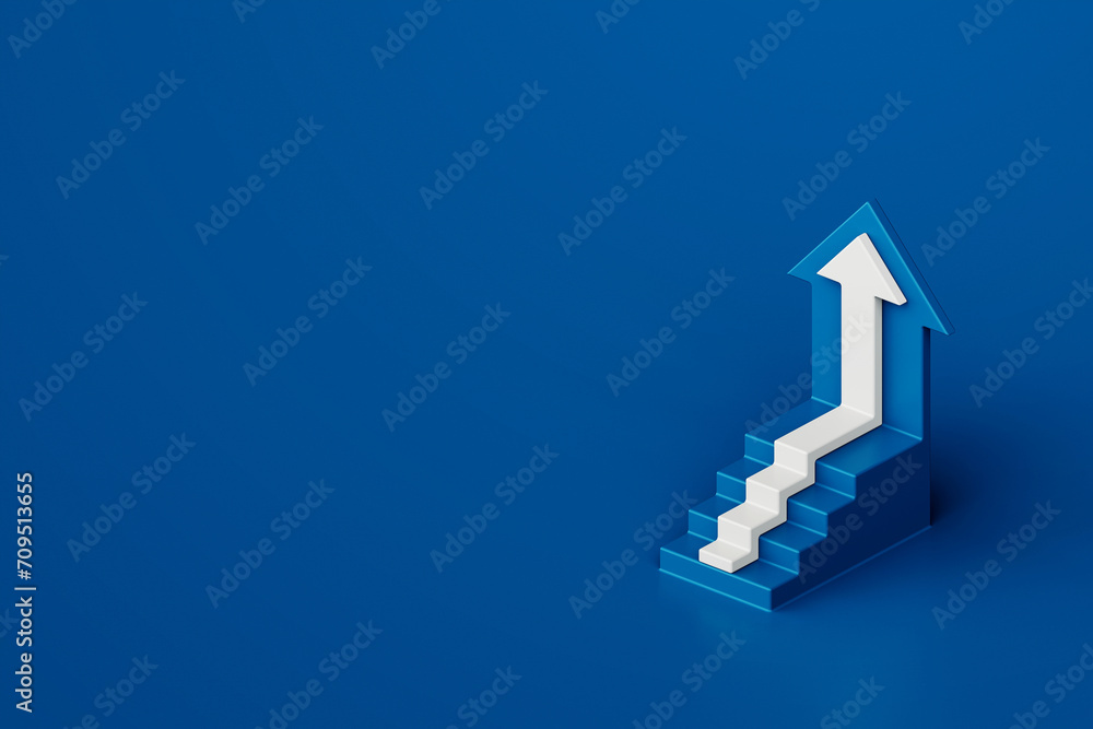 White arrow pointing up with step stair on blue background,business way concept, 3d rendering