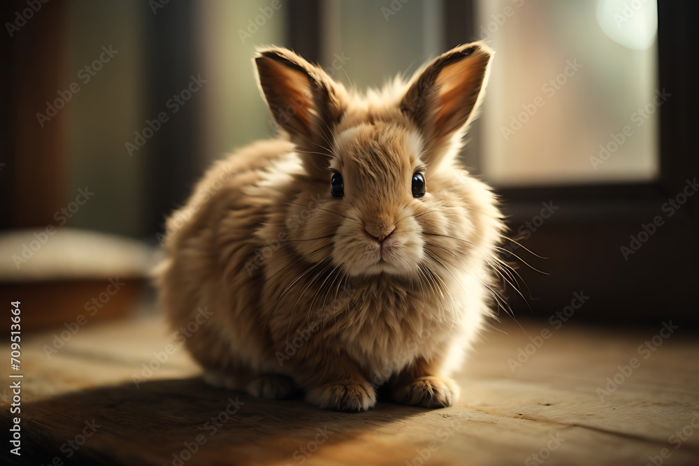 Obraz premium white rabbit on a wooden table