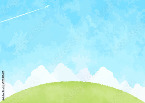 のどかな丘と青空の風景イラスト