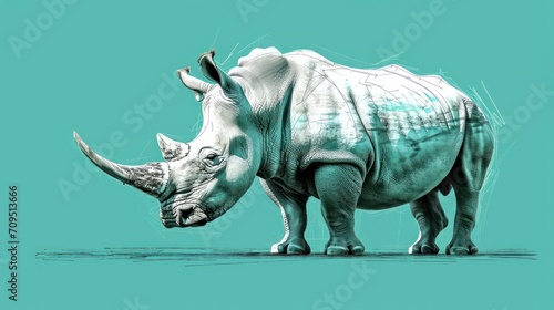  a drawing of a rhinoceros standing on a blue background with a light green back ground and a light green back ground. © Shanti