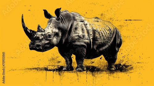  a drawing of a rhinoceros on a yellow background with a black and white drawing of a rhinoceros. photo