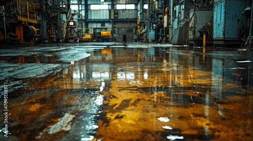 Oil-stained factory floor, reflecting years of industrial work with a mosaic of machinery grease and scuffs.