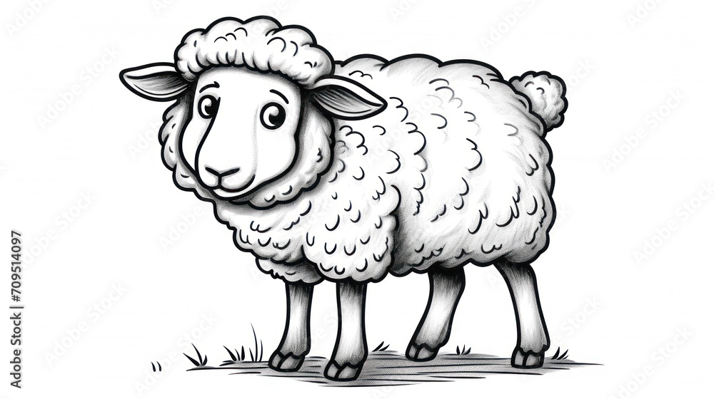 a black and white drawing of a sheep standing in the grass with it's head turned to the side. a black and white drawing of a sheep standing in the grass with it's head turned to the side.