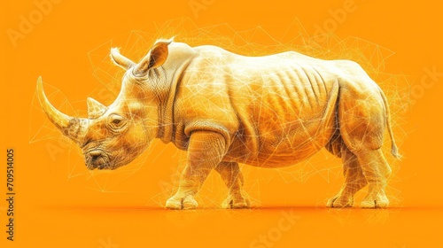  a rhinoceros standing in front of an orange background with lines in the shape of the rhinoceros.