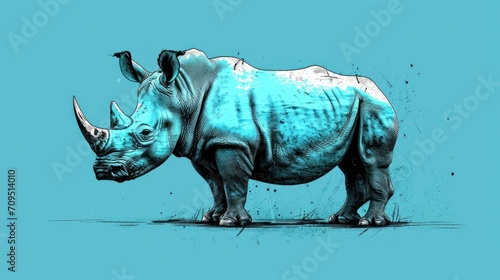  a drawing of a rhinoceros on a blue background with a bird perched on top of the rhinoceros.