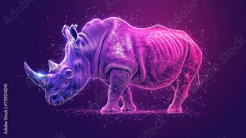  a rhinoceros standing in front of a purple background with lines and dots in the shape of the rhinoceros.