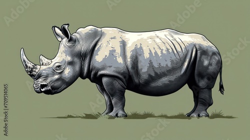  a drawing of a rhinoceros standing on a grass field with its head turned to look like a rhinoceros.