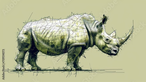  a drawing of a rhinoceros on a light green background with a scribbled outline of the rhinoceros.