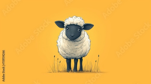  a black and white sheep standing on top of a grass covered field with tall grass in front of a yellow background.