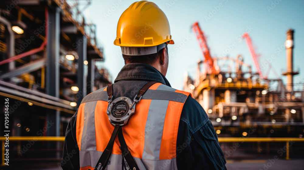 Back view of rig worker on oil platform. Offshore oil and gas industry. Back view of rig worker on oil platform. Offshore oil and gas industry.
