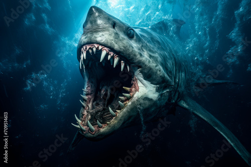 Great white shark with open mouth. Watch out sharks. Marine dangerous predator. © graja