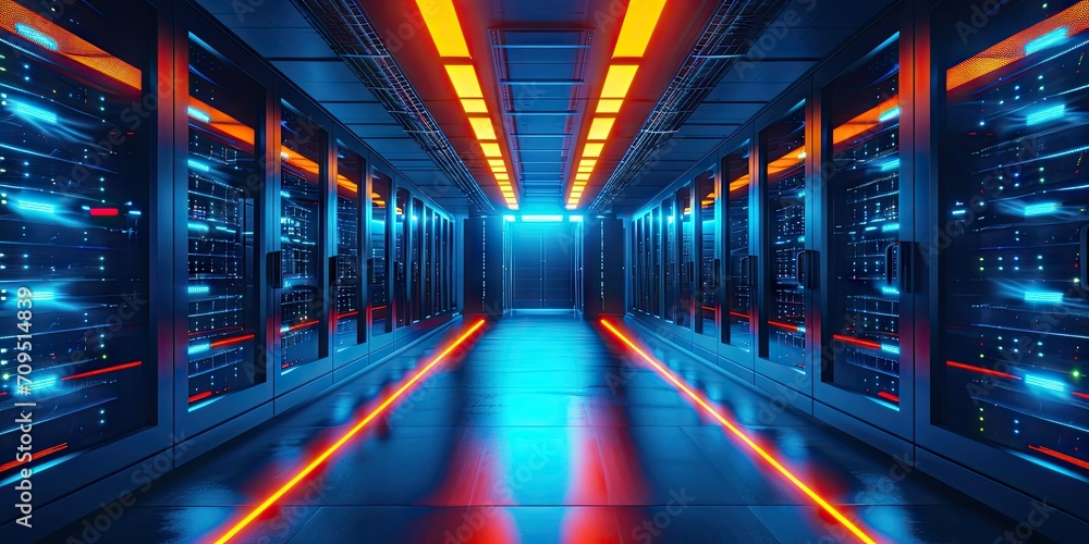 Futuristic data hub. High tech server room with advanced networking computing hardware and cutting edge technology ideal for illustrating backbone of digital infrastructure and information storage