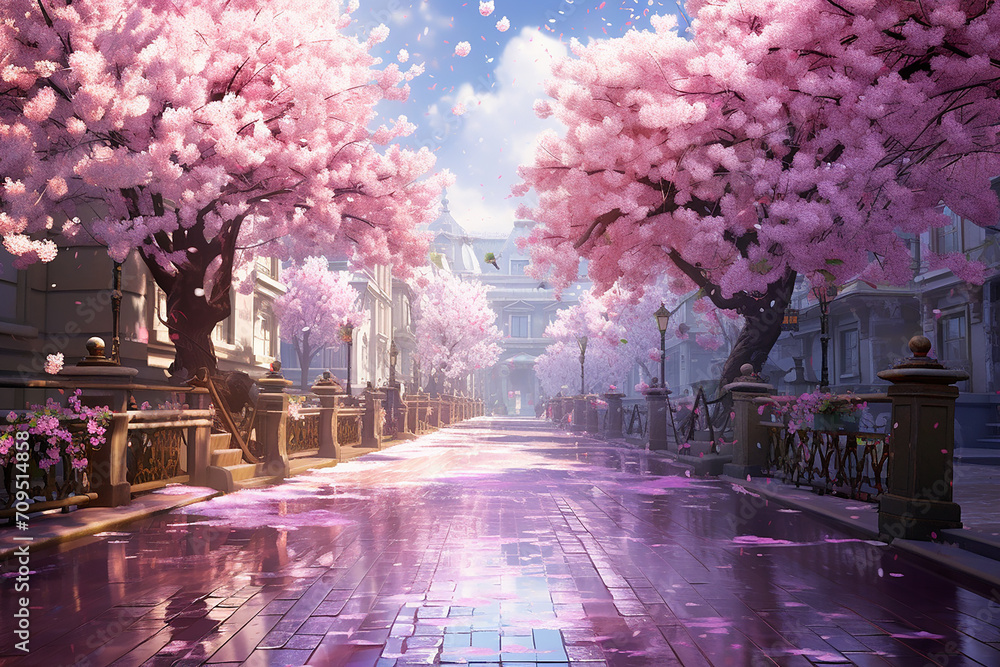 Obraz premium Cherry blossom landscape with trees and a pink look, spring awakening in Japan