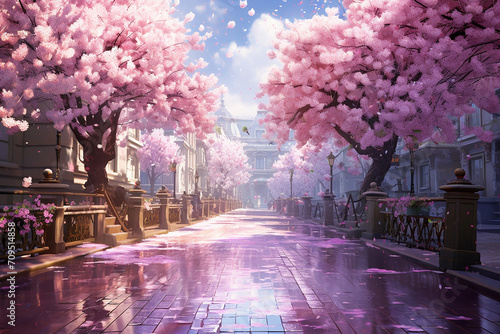 Cherry blossom landscape with trees and a pink look, spring awakening in Japan