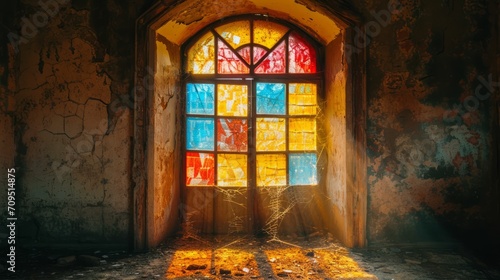 Stained glass window with dust and cobwebs, filtering light through its colored panes, telling a story of beauty and neglect.