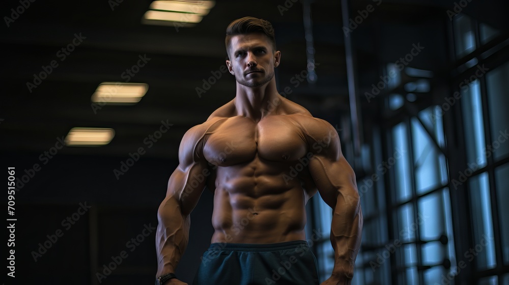 Fit and strong: young male athlete bodybuilder strikes powerful poses, demonstrates dynamic sports exercises in gym setting