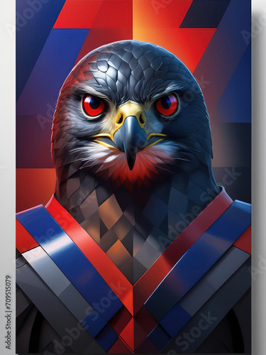 Dramatic Portrait of Prairie Falcon in Abstract Cubism with Fiery Red, Smoky Black, and Royal Blue Hues Gen AI photo