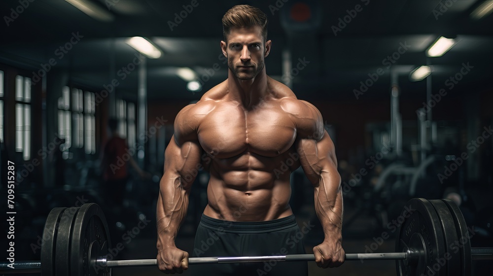 Powerful fitness routine: muscular man bodybuilder training and posing with weights and barbell in the gym – active lifestyle and strength concept Powerful fitness routine: muscular man bodybuilder training and posing with weights and barbell in the gym – active lifestyle and strength concept