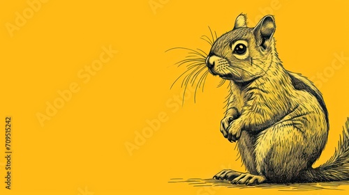  a drawing of a squirrel standing on its hind legs with its front paws on it's hind legs, on a yellow background.