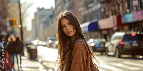 Portrait of a young woman in a cityscape