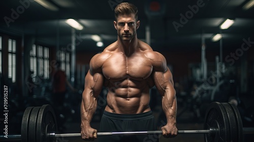 Powerful fitness routine: muscular man bodybuilder training and posing with weights and barbell in the gym – active lifestyle and strength concept