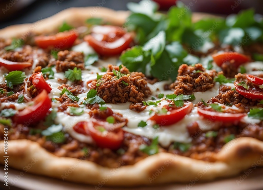 Lahmacun topped with minced meat, tomatoes, and fresh parsley Lahmacun topped with minced meat, tomatoes, and fresh parsley