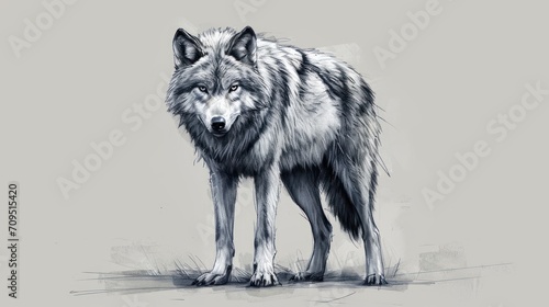  a black and white drawing of a wolf standing on the ground with it's head turned to the side.