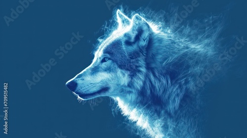  a close up of a wolf's head on a blue background with a blurry image of the wolf's head.