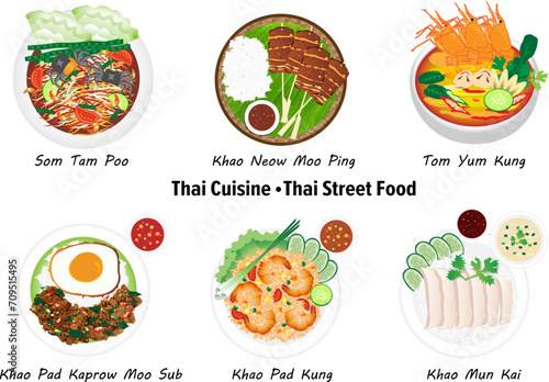 Thai food set. Thai Street Food. Delicious Thai food vector set. Vector Thai food, papaya salad, chicken rice, khao pad, stir fry, spicy prawn soup, Shrimp fried rice, papaya salad, steamed 