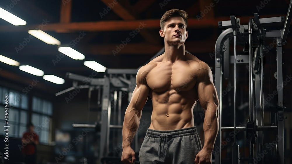 Fit and muscular man working out with weights and equipment in a modern fitness center Fit and muscular man working out with weights and equipment in a modern fitness center