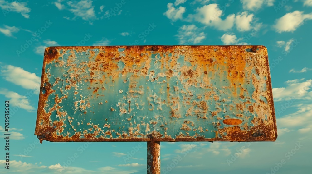 Weatherbeaten road sign with rust stains and fading letters, standing