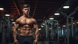 Fit and strong: young male athlete bodybuilder strikes powerful poses, demonstrates dynamic sports exercises in gym setting