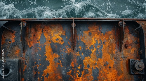 Weather-beaten ship deck with streaks of salt and rust. photo