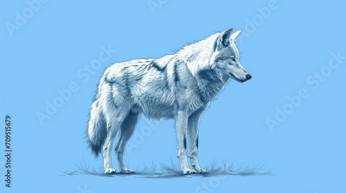  a drawing of a wolf standing on top of a grass covered field with a blue sky in the back ground.
