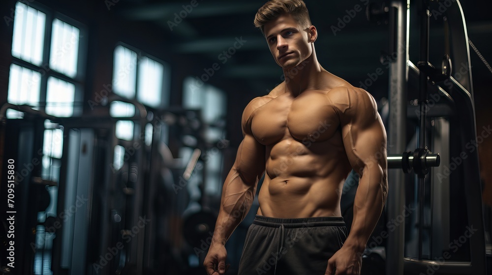 Fit and strong: young male athlete bodybuilder strikes powerful poses, demonstrates dynamic sports exercises in gym setting Fit and strong: young male athlete bodybuilder strikes powerful poses, demonstrates dynamic sports exercises in gym setting