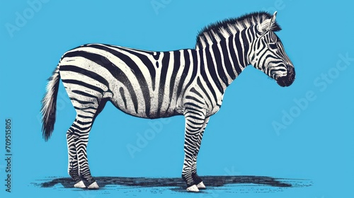  a drawing of a zebra standing in the middle of a blue background with a black and white stripe on it s side.