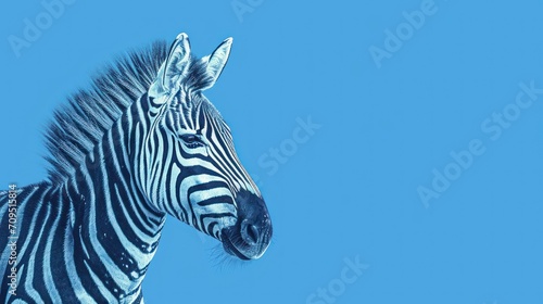  a close up of a zebra s head with a blue sky in the background of the image.