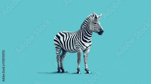  a single zebra standing in the middle of a blue and teal colored background with a single zebra standing in the middle of a blue and teal colored background.