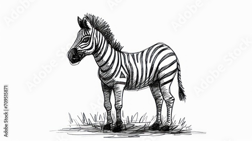  a black and white drawing of a zebra standing on a grass covered field with its head turned to the side.